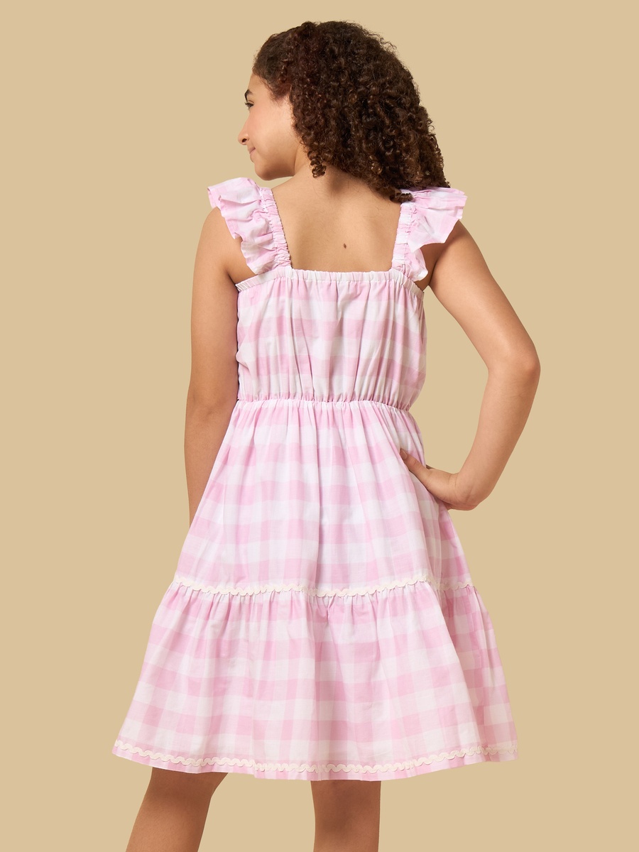 Checked Cotton Tiered Dress with Square Neck