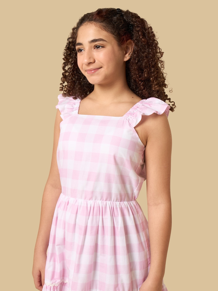 Checked Cotton Tiered Dress with Square Neck