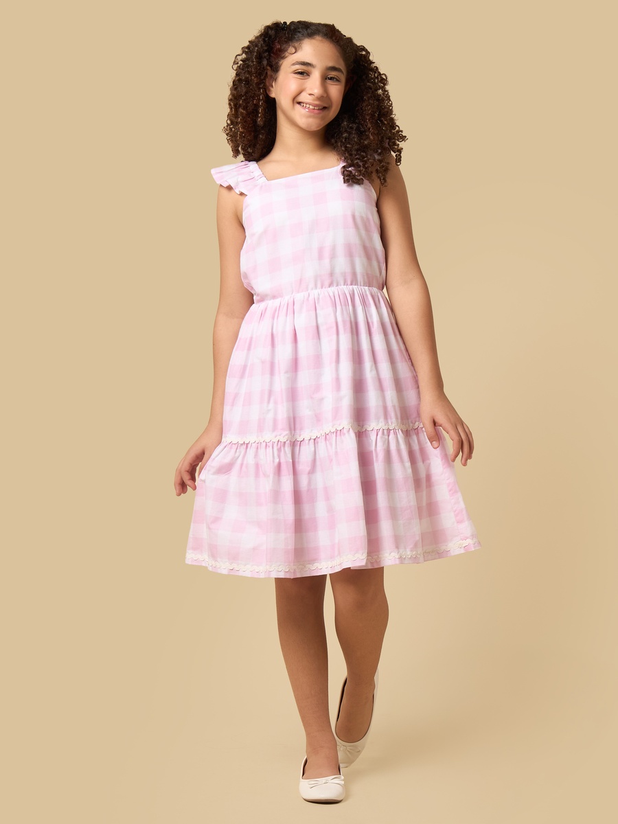 Checked Cotton Tiered Dress with Square Neck