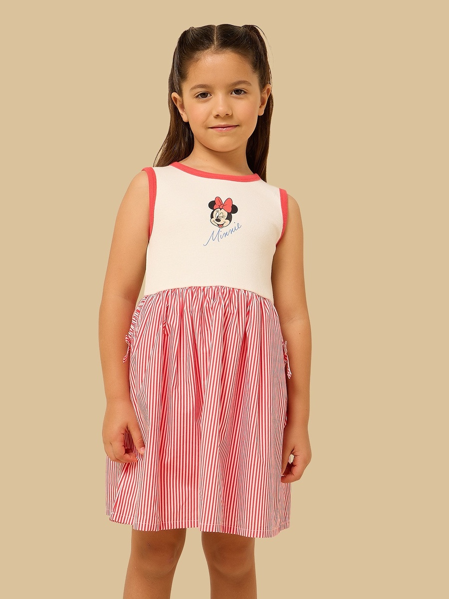 Minnie Mouse Print Striped Sleeveless Cotton Dress