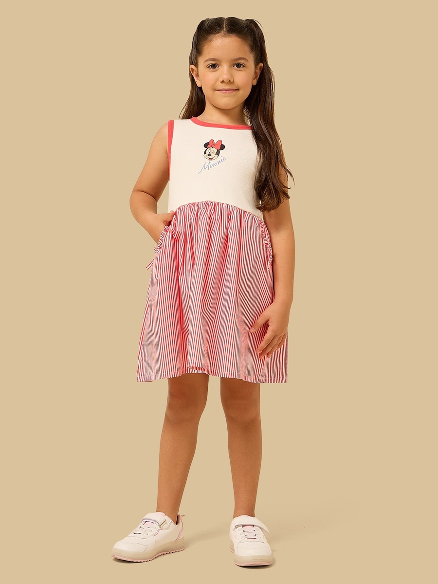 Minnie Mouse Print Striped Sleeveless Cotton Dress
