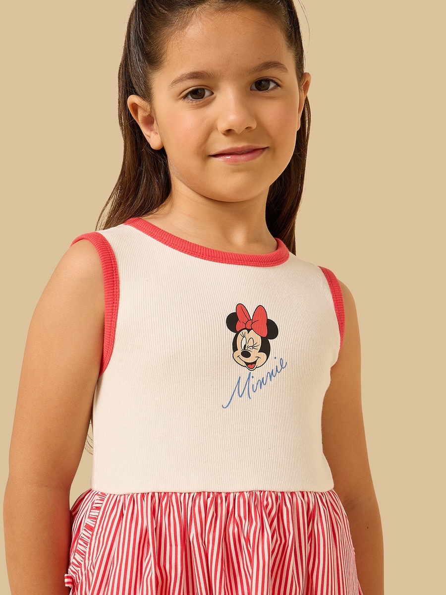 Minnie Mouse Print Striped Sleeveless Cotton Dress
