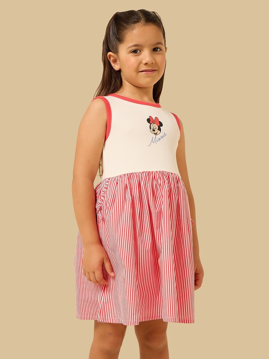 Minnie Mouse Print Striped Sleeveless Cotton Dress