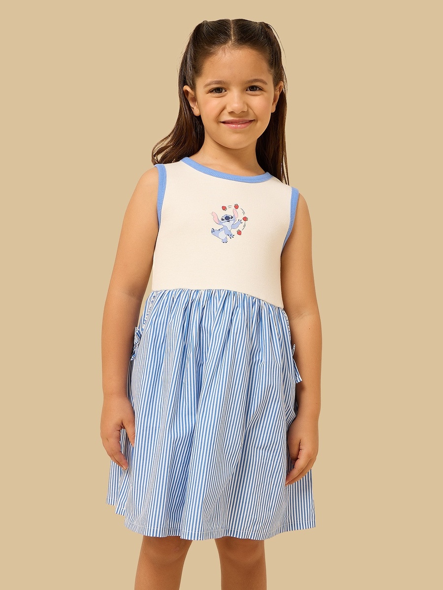Stitch Print Striped Sleeveless Cotton Dress