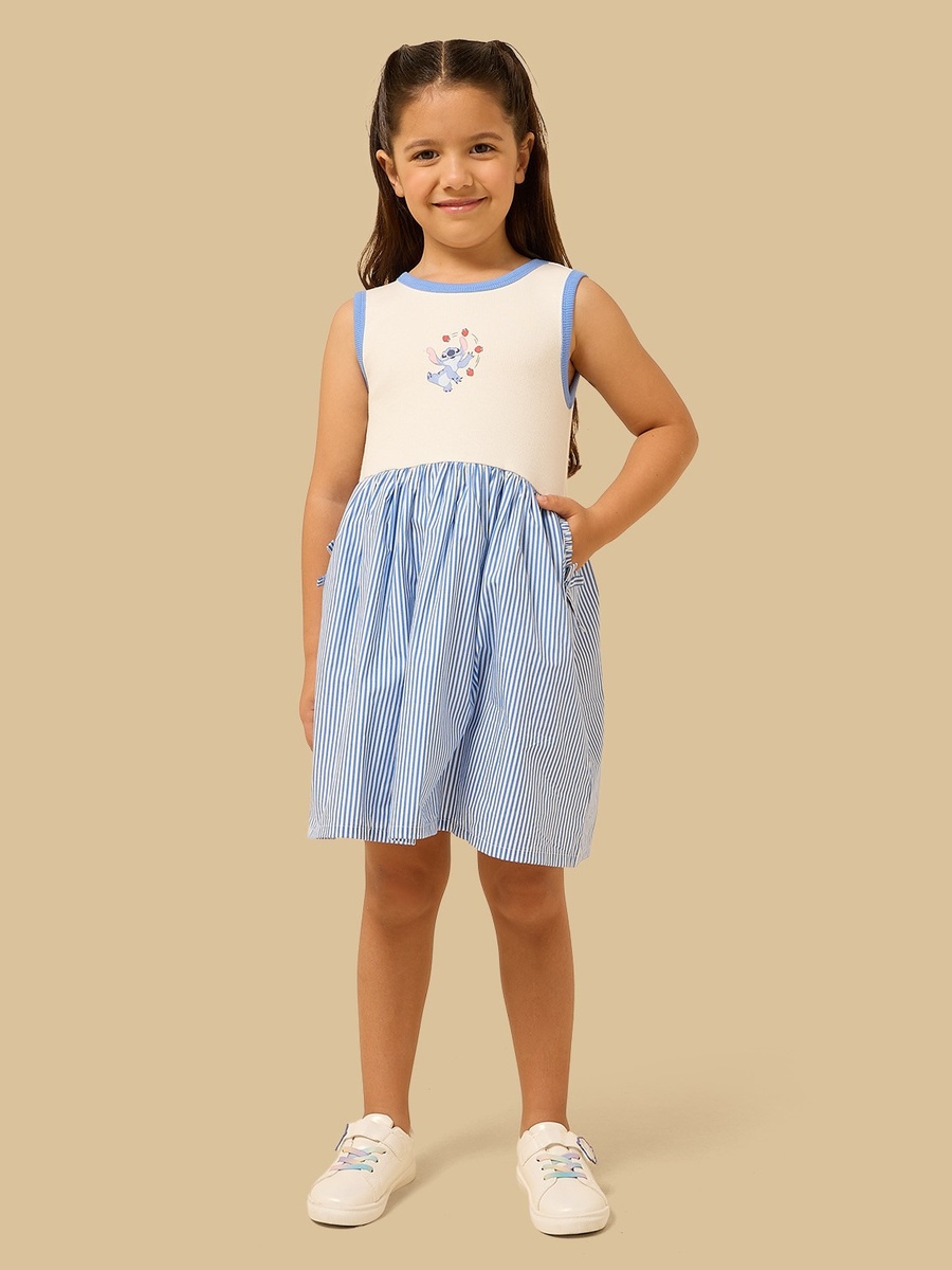 Stitch Print Striped Sleeveless Cotton Dress