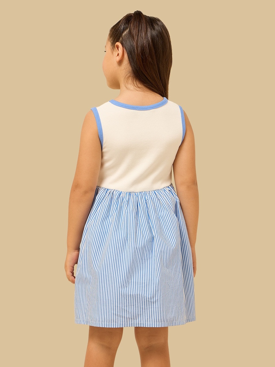 Stitch Print Striped Sleeveless Cotton Dress