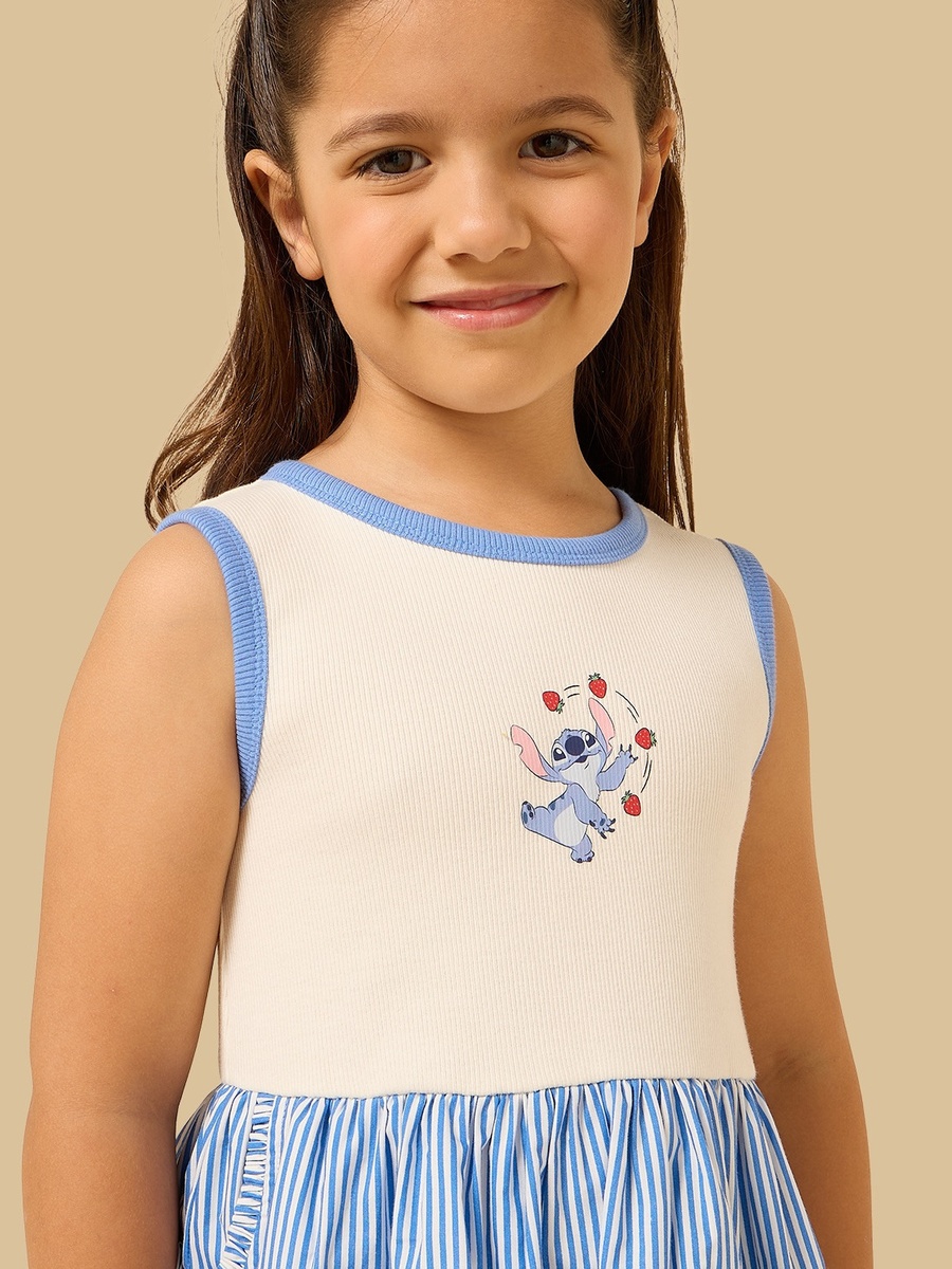 Stitch Print Striped Sleeveless Cotton Dress