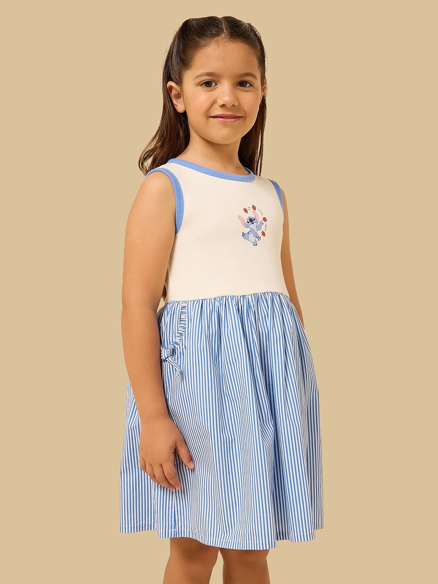 Stitch Print Striped Sleeveless Cotton Dress