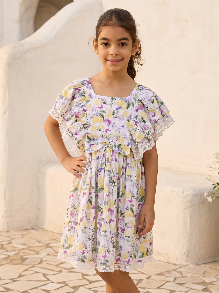 Lemon Print Ruffle Sleeves Cotton Dress