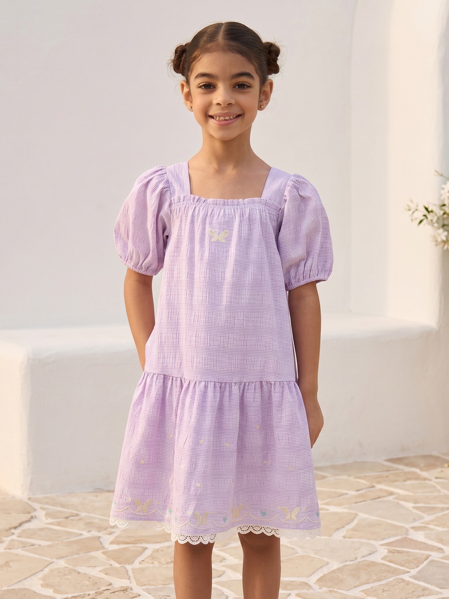 Gingham Check Volume Sleeves Dress with Lace Hem