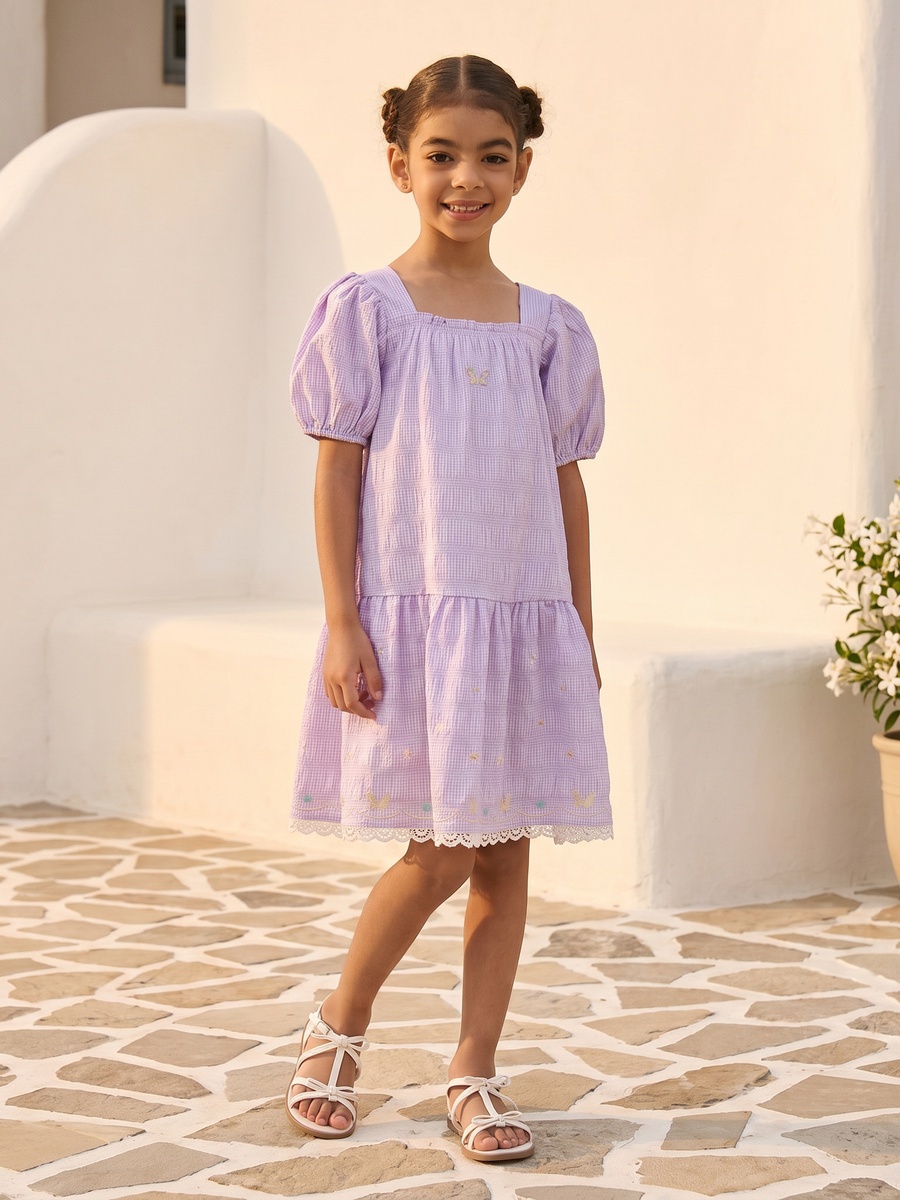 Gingham Check Volume Sleeves Dress with Lace Hem