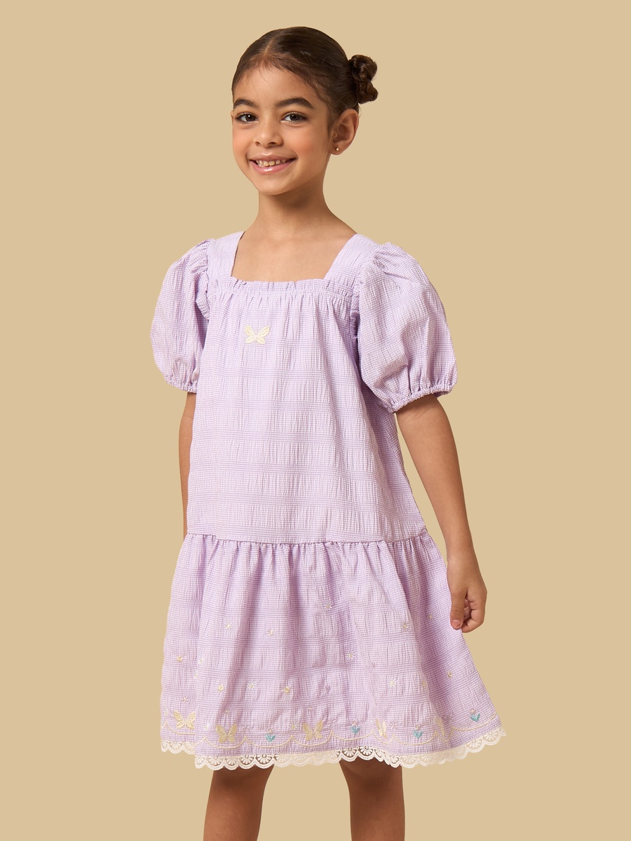 Gingham Check Volume Sleeves Dress with Lace Hem