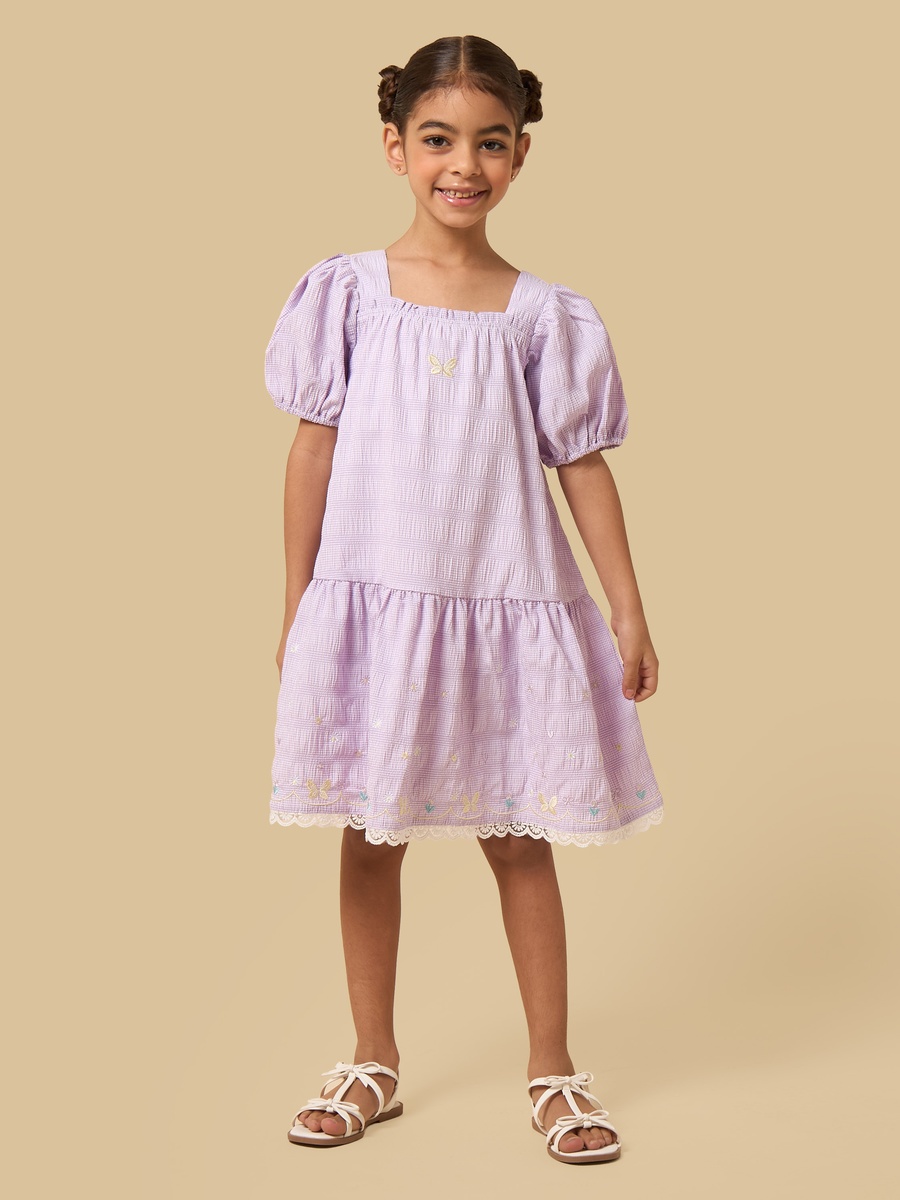 Gingham Check Volume Sleeves Dress with Lace Hem