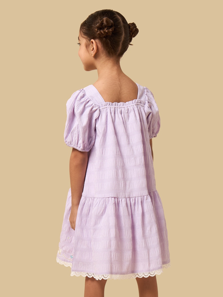 Gingham Check Volume Sleeves Dress with Lace Hem