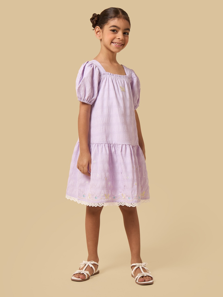 Gingham Check Volume Sleeves Dress with Lace Hem