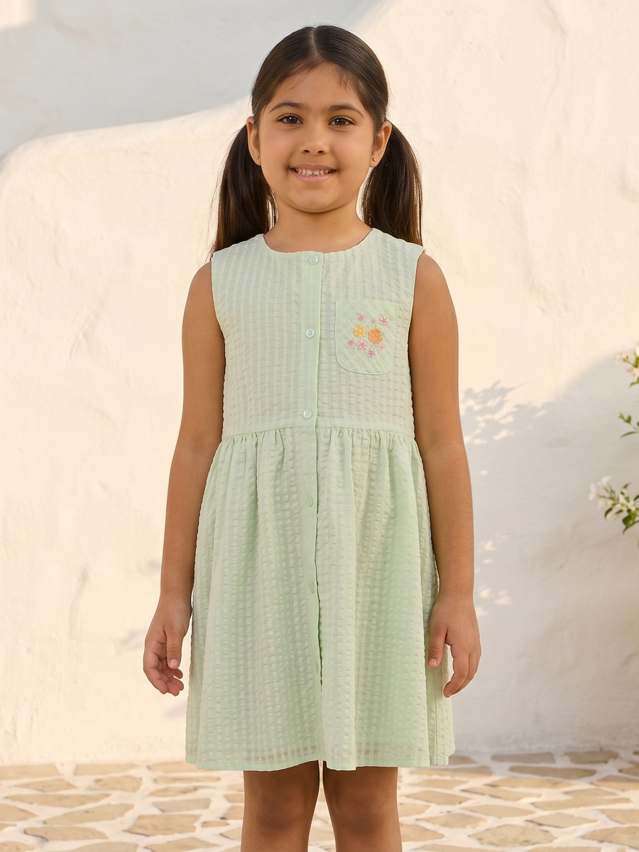 Gingham Check Sleeveless Cotton Dress with Embroidered Pocket