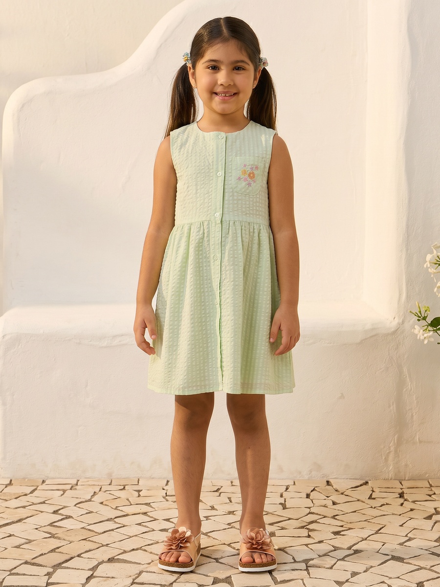 Gingham Check Sleeveless Cotton Dress with Embroidered Pocket