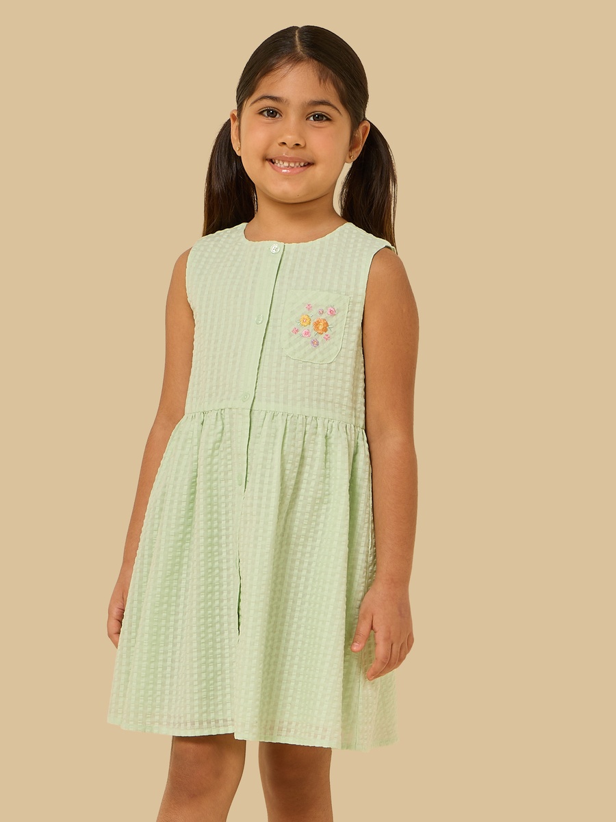 Gingham Check Sleeveless Cotton Dress with Embroidered Pocket
