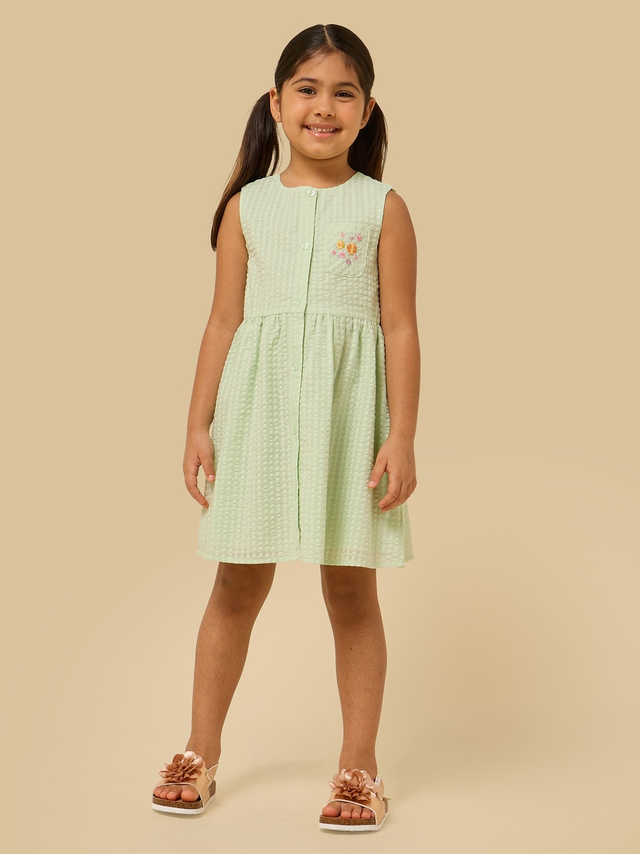 Gingham Check Sleeveless Cotton Dress with Embroidered Pocket