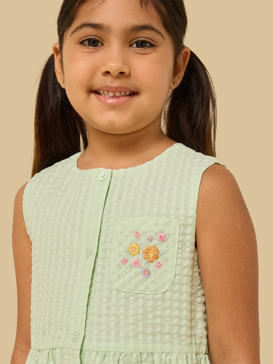 Gingham Check Sleeveless Cotton Dress with Embroidered Pocket