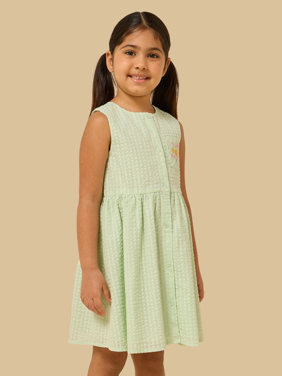 Gingham Check Sleeveless Cotton Dress with Embroidered Pocket