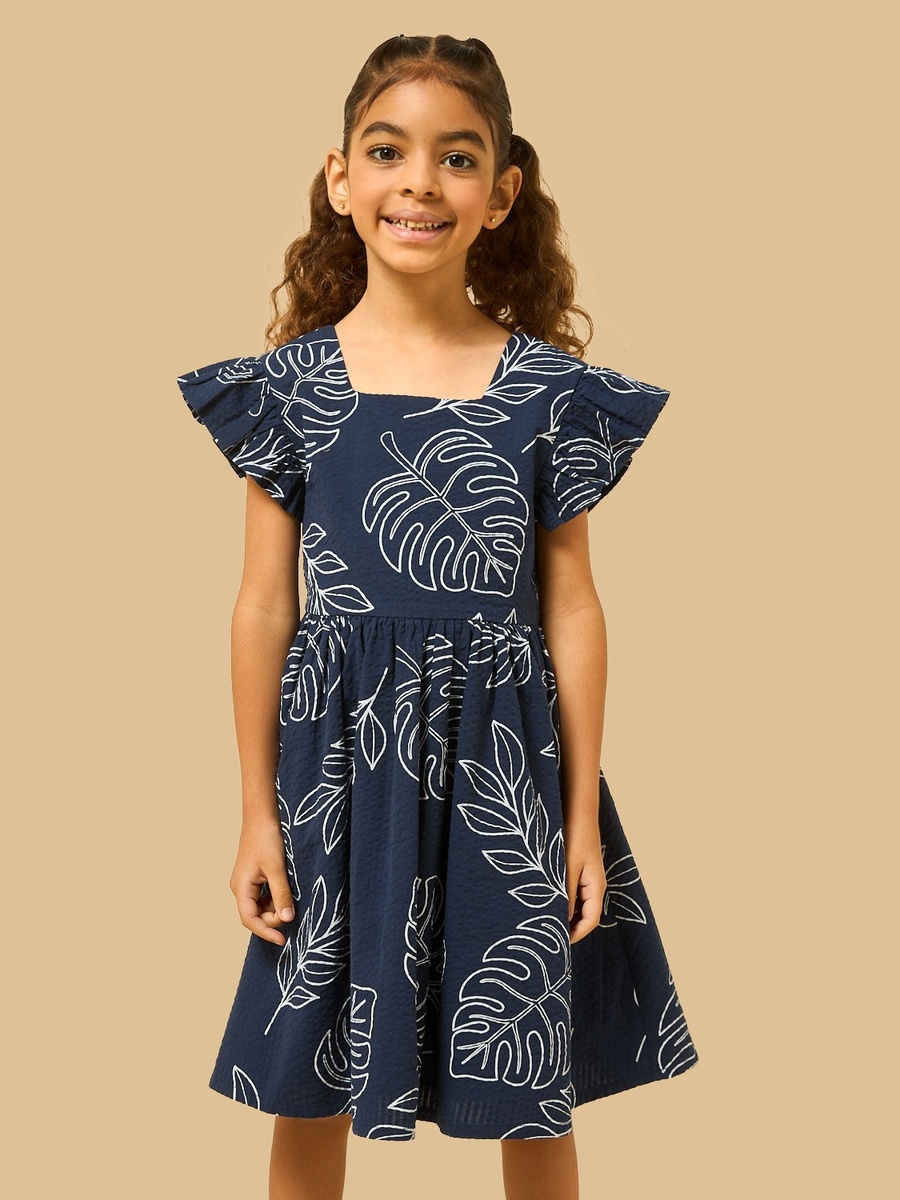 Leaf Print Linen Blend Dress with Cutout Detail