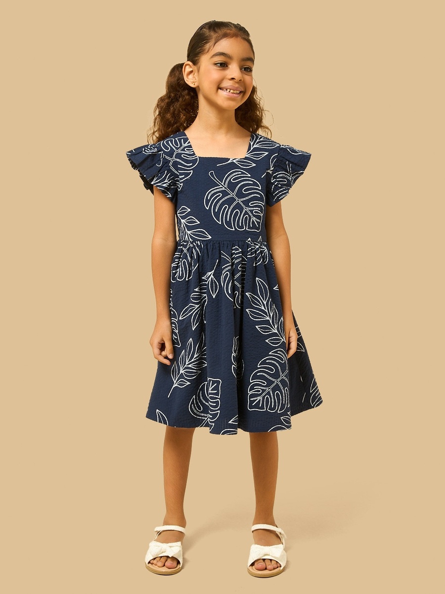 Leaf Print Linen Blend Dress with Cutout Detail