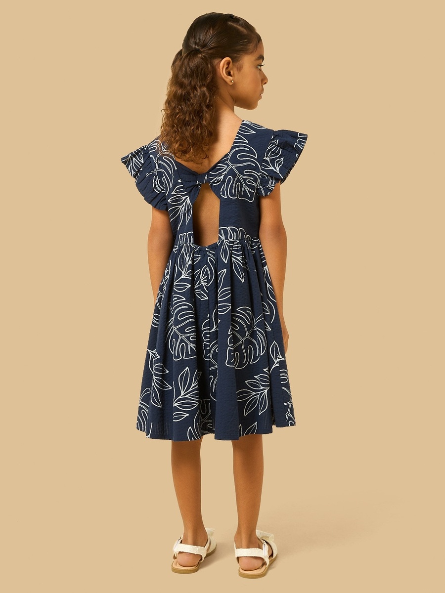 Leaf Print Linen Blend Dress with Cutout Detail