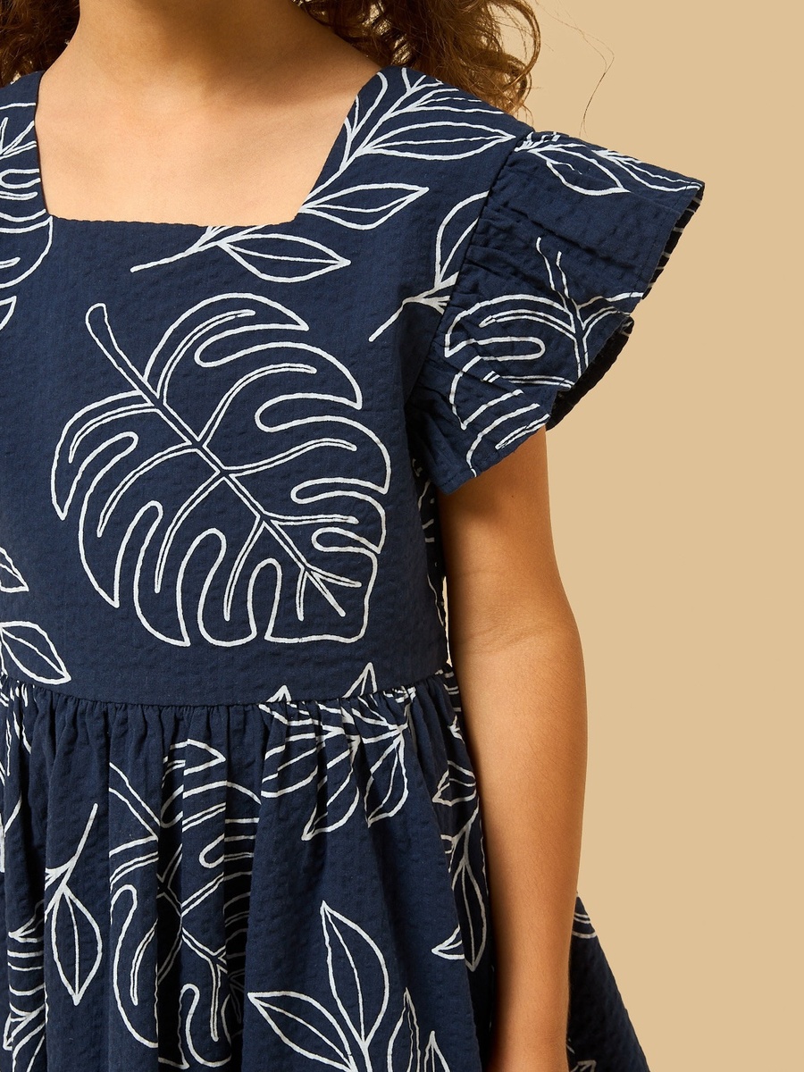 Leaf Print Linen Blend Dress with Cutout Detail