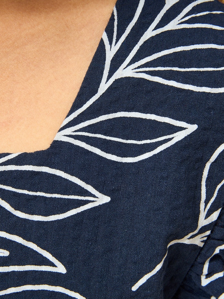 Leaf Print Linen Blend Dress with Cutout Detail