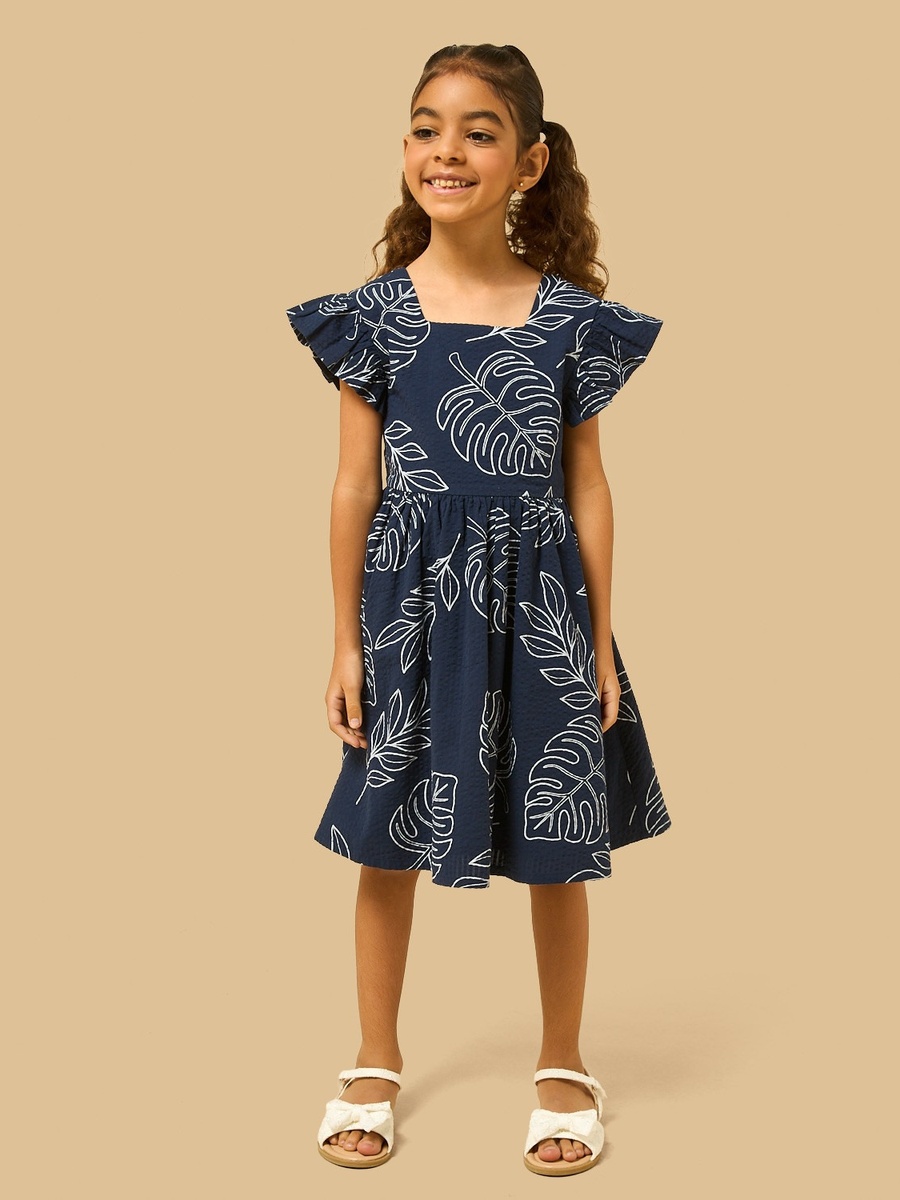 Leaf Print Linen Blend Dress with Cutout Detail