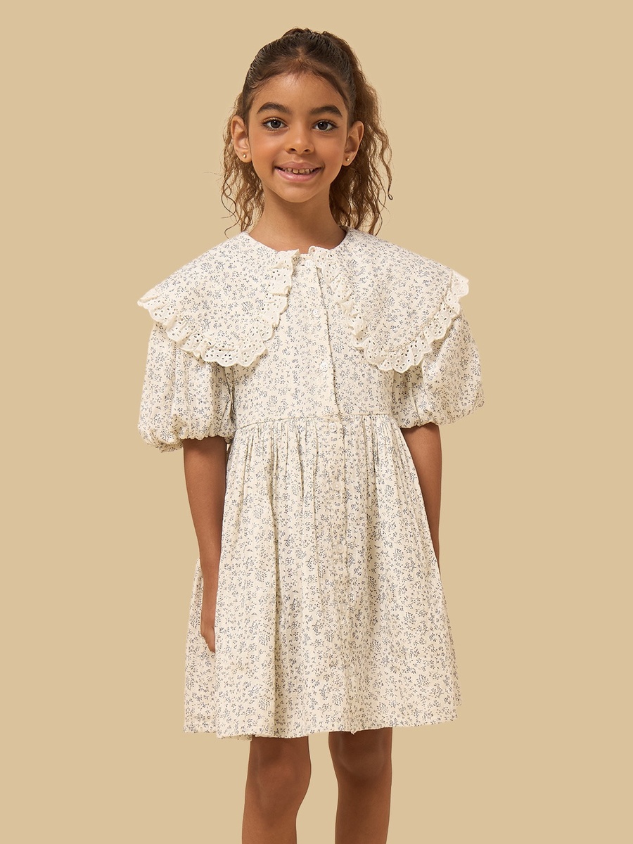 Floral Print Ruffle Collar Dress with Puff Sleeves