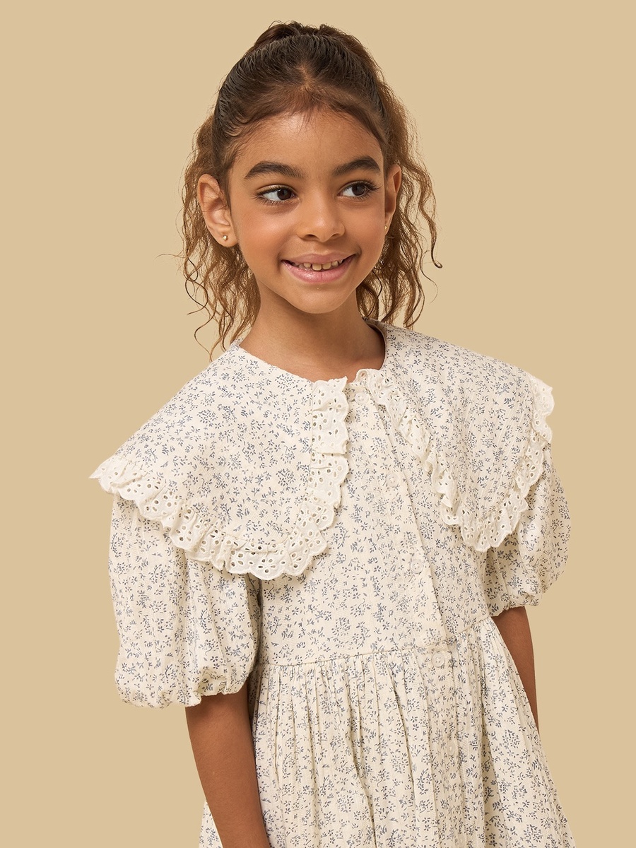 Floral Print Ruffle Collar Dress with Puff Sleeves