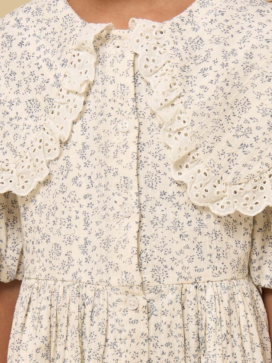 Floral Print Ruffle Collar Dress with Puff Sleeves