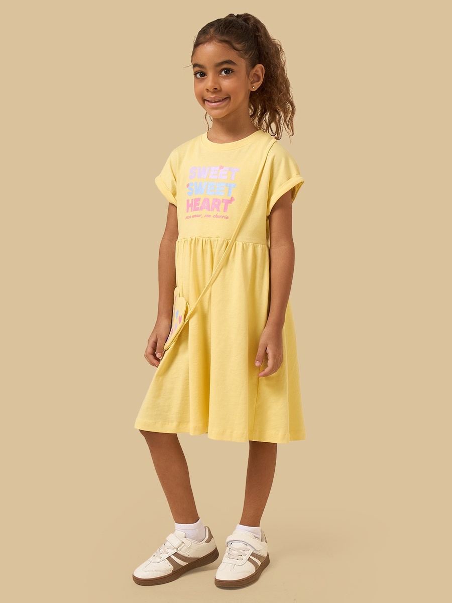 Slogan Print Cotton Dress with Crossbody Bag