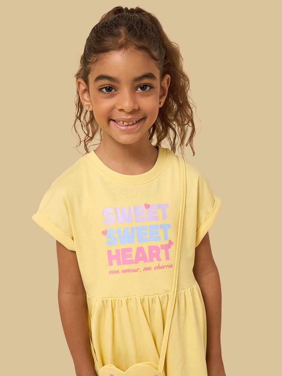 Slogan Print Cotton Dress with Crossbody Bag