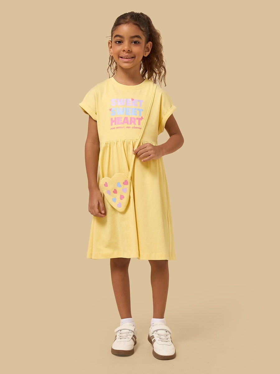 Slogan Print Cotton Dress with Crossbody Bag