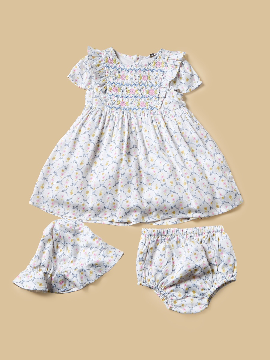 Floral Print Smocked Dress with Cap