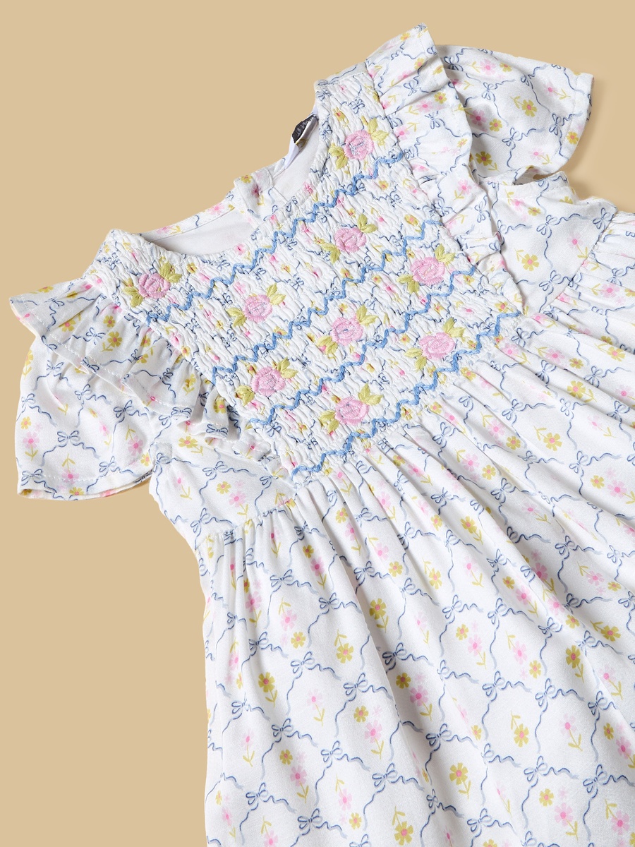 Floral Print Smocked Dress with Cap