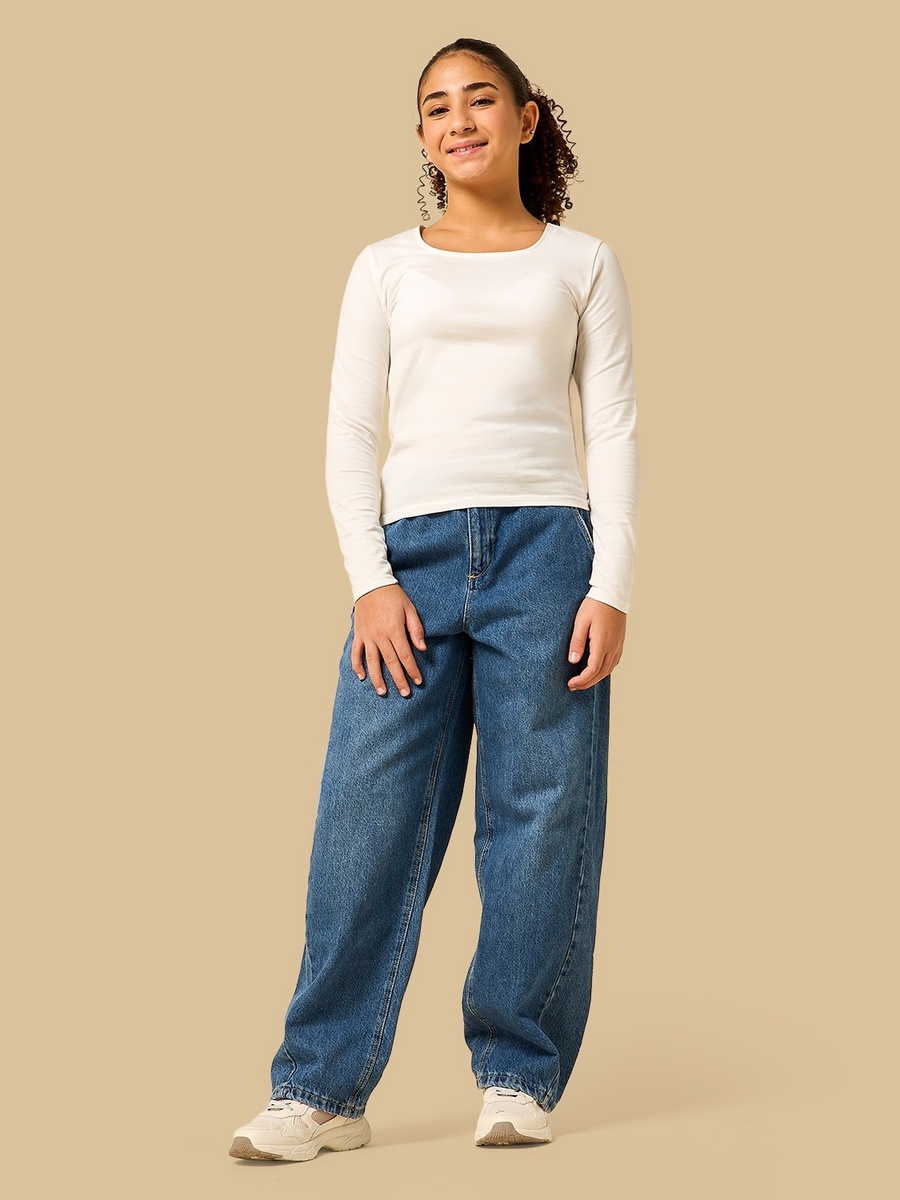 Barrel Fit Cotton Jeans with Side Seam Detail