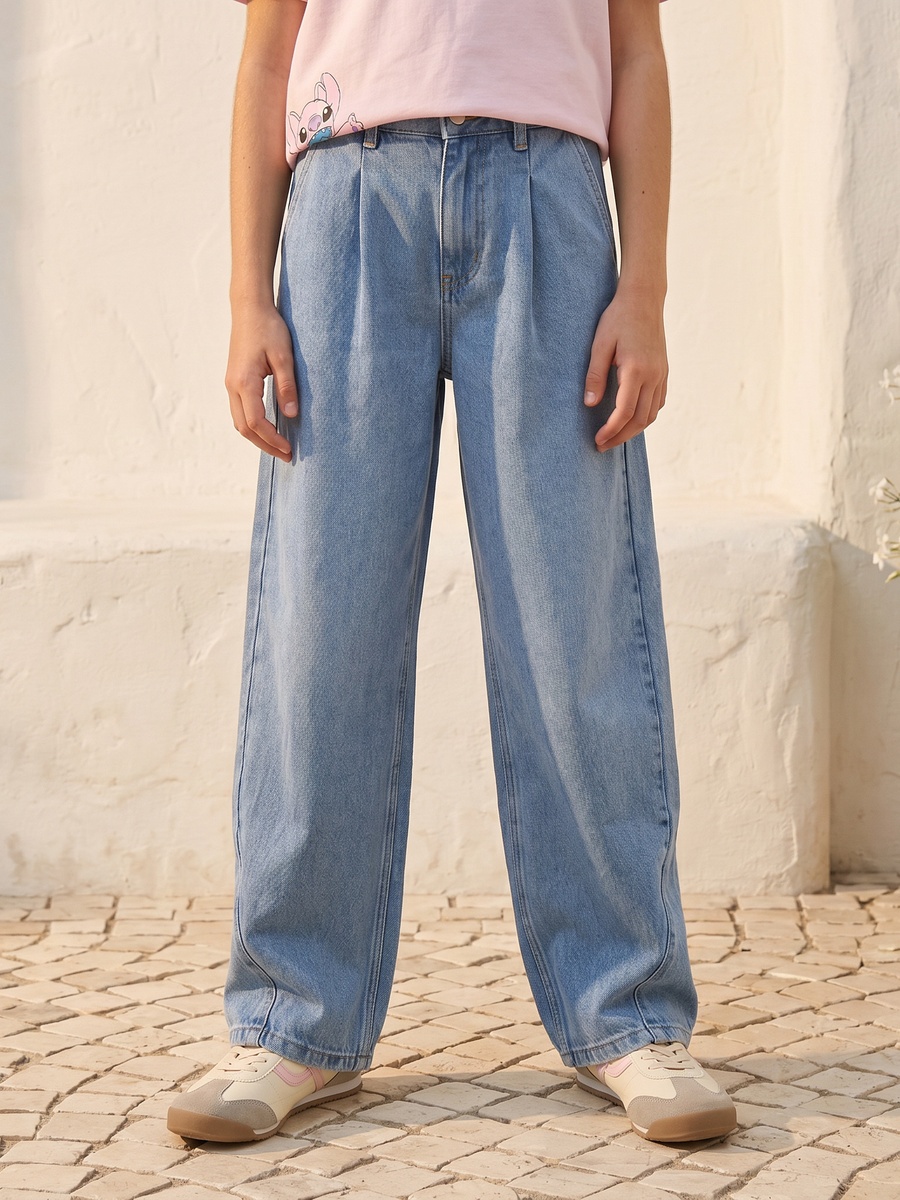 Barrel Fit Cotton Jeans with Side Seam Detail