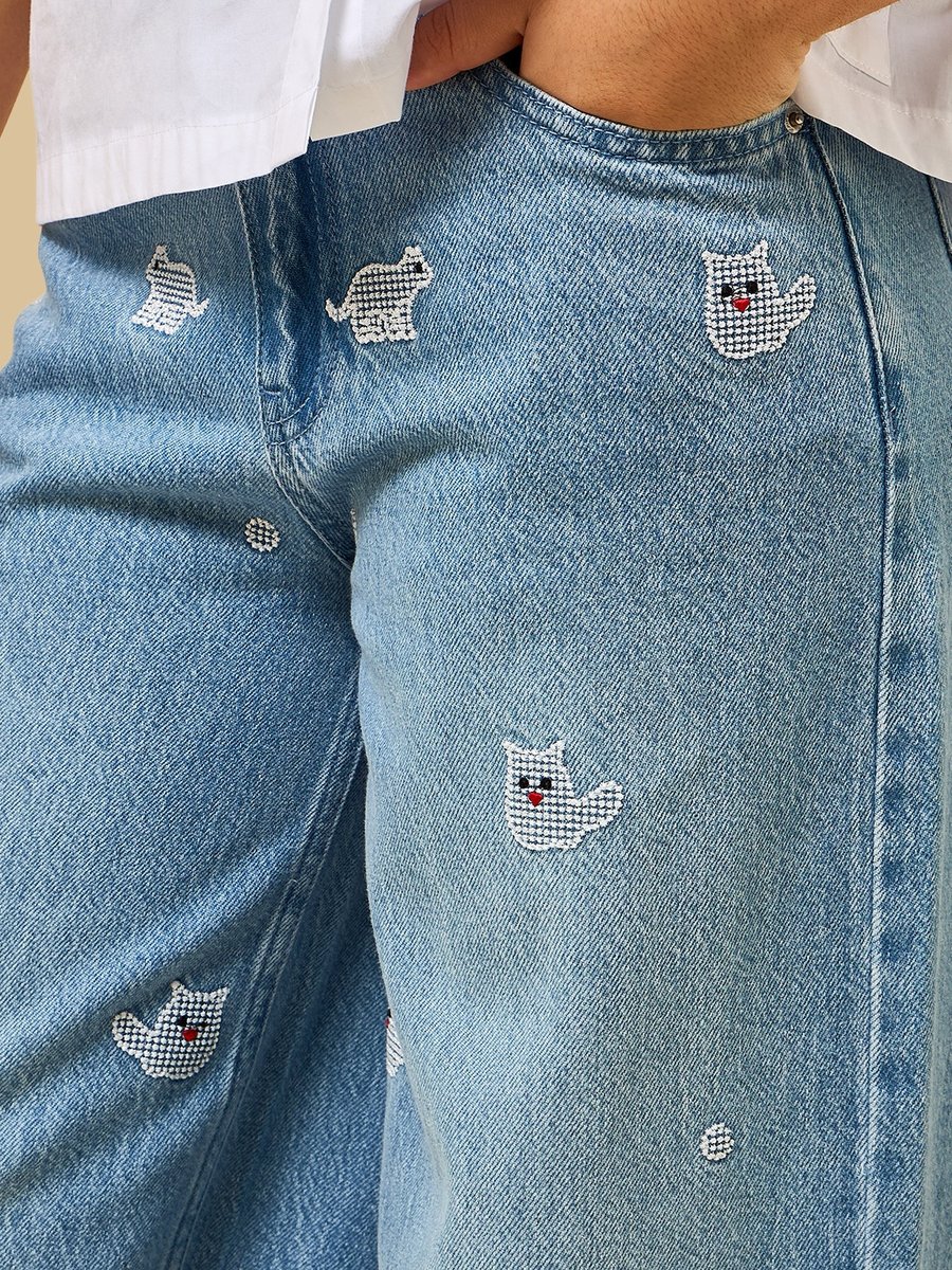 Embellished Wide Leg Cotton Jeans
