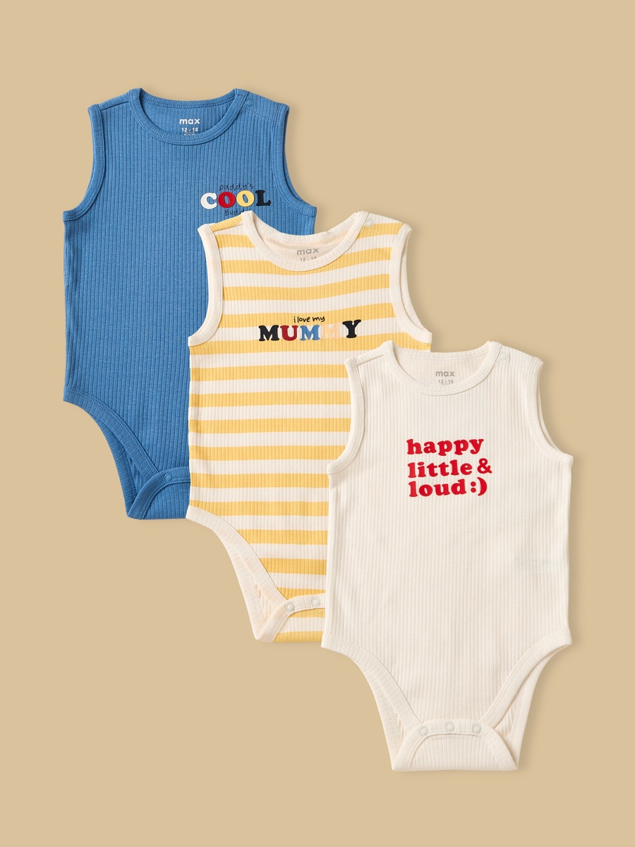 Pack of 3 - Slogan Print Ribbed Sleeveless Cotton Bodysuit