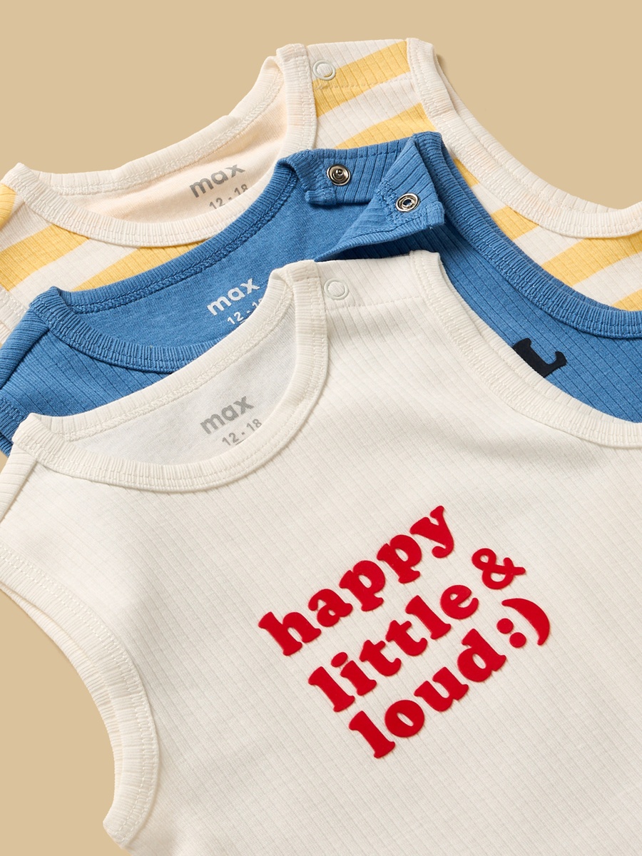 Pack of 3 - Slogan Print Ribbed Sleeveless Cotton Bodysuit