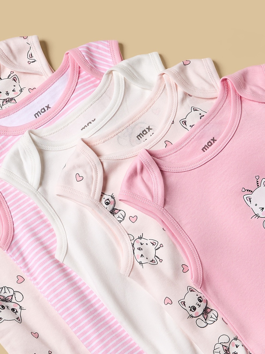 Pack of 5 - Cat Print Sleeveless Cotton Bodysuit