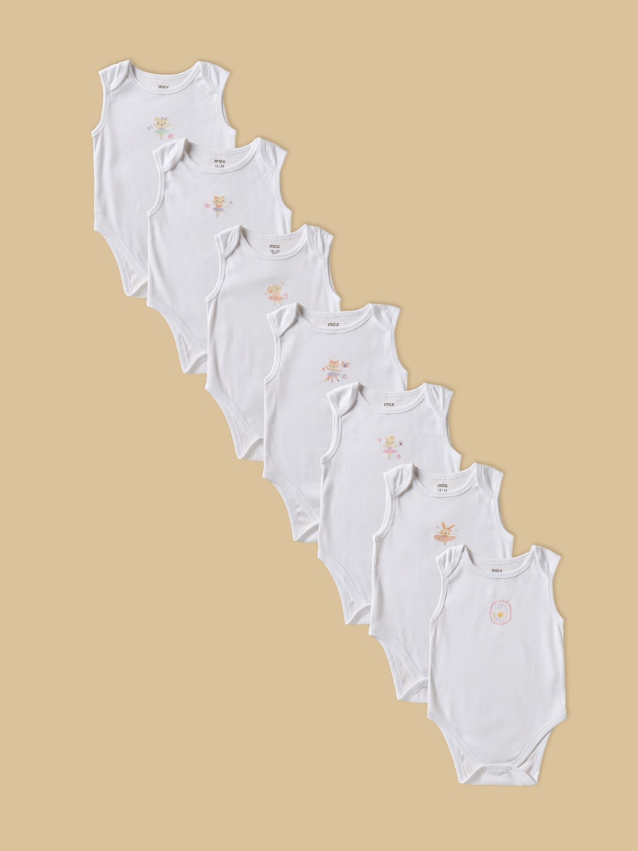 Pack of 7 - Printed Sleeveless Cotton Bodysuit