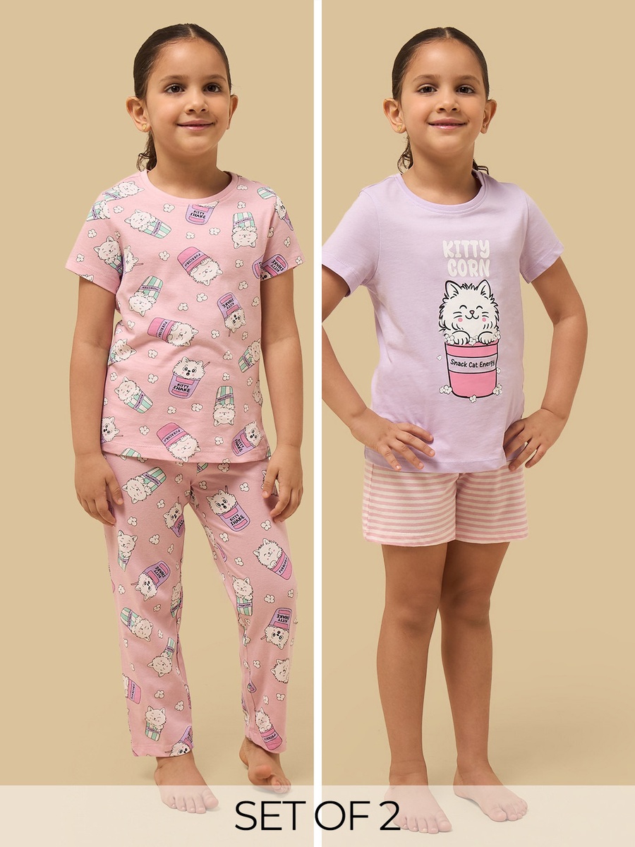 Pack of 2 - Cat Print Cotton Pyjama Set