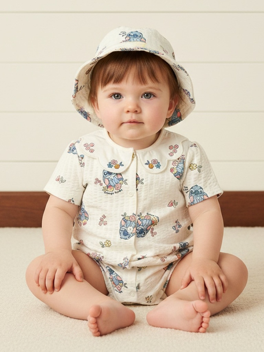 Stitch Print Cotton Romper with Cap