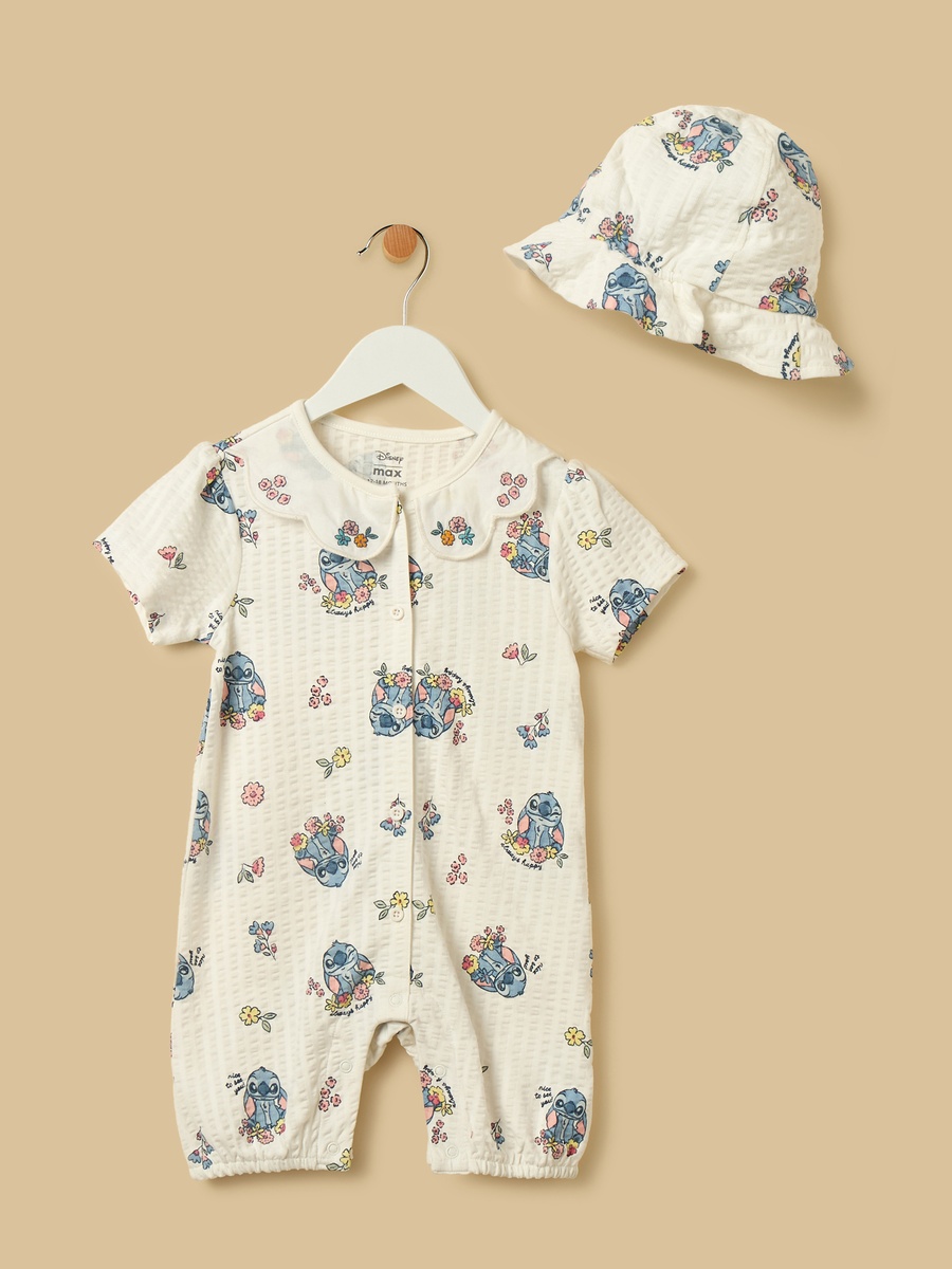 Stitch Print Cotton Romper with Cap