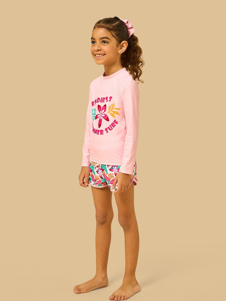 Tropical Print Rash Guard and Swim Shorts Set